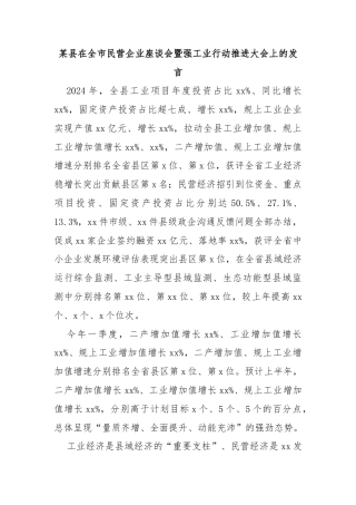 某县在全市民营企业座谈会暨强工业行动推进大会上的发言