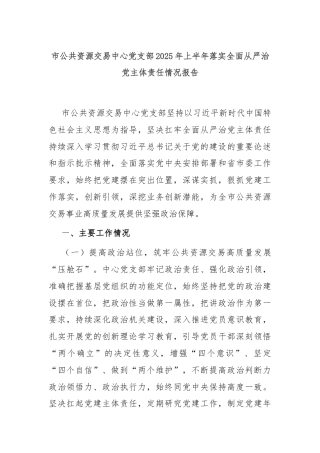市公共资源交易中心党支部2025年上半年落实全面从严治党主体责任情况报告