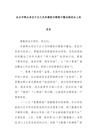 在全市群众身边不正之风和腐败问题集中整治推进会上的发言