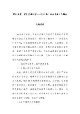 紧扣专题，深化党建引领——2025年上半年党建工作融合实践总结