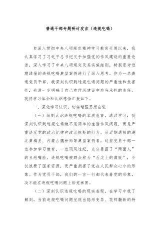 普通干部专题研讨发言（违规吃喝）