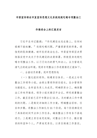 市委宣传部在市直宣传思想文化系统违规吃喝专项整治工作推进会上的汇报发言