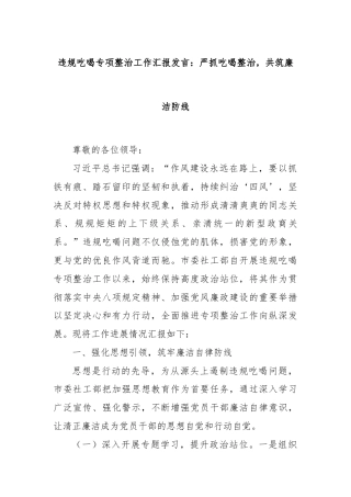 违规吃喝专项整治工作汇报发言：严抓吃喝整治，共筑廉洁防线