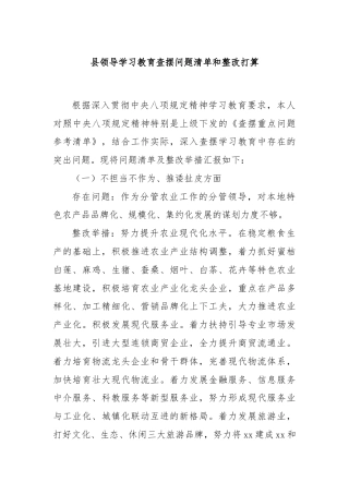 县领导学习教育查摆问题清单和整改打算
