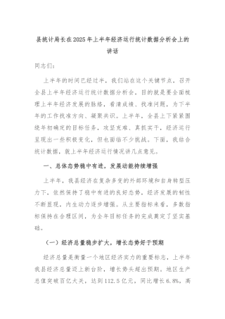 县统计局长在2025年上半年经济运行统计数据分析会上的讲话