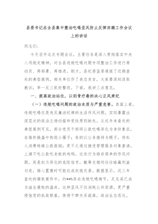 县委书记在全县集中整治吃喝歪风防止反弹回潮工作会议上的讲话