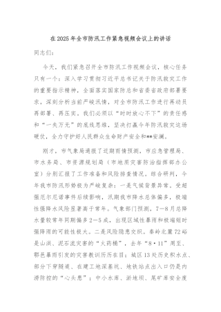 在2025年全市防汛工作紧急视频会议上的讲话