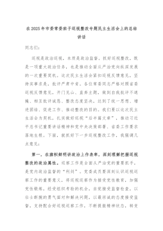在2025年市委常委班子巡视整改专题民主生活会上的总结讲话