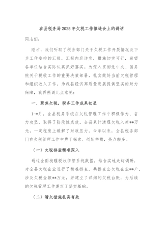 在县税务局2025年欠税工作推进会上的讲话
