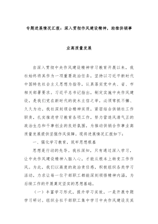 专题进展情况汇报：深入贯彻作风建设精神，助推供销事业高质量发展