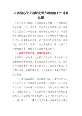 市委编办关于违规吃喝专项整治工作进展汇报
