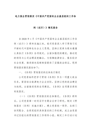 电力国企贯彻落实《中国共产党国有企业基层组织工作条例（试行）》情况报告