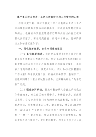 集中整治群众身边不正之风和腐败问题工作情况的汇报