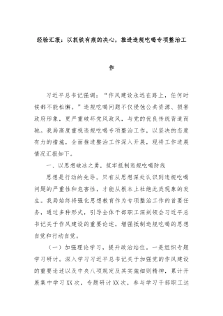经验汇报：以抓铁有痕的决心，推进违规吃喝专项整治工作