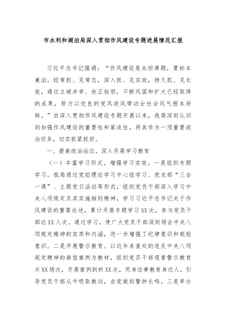 市水利和湖泊局深入贯彻作风建设专题进展情况汇报