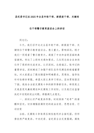 县纪委书记在2025年全县年轻干部、新提拔干部、关键岗位干部警示教育座谈会上的讲话