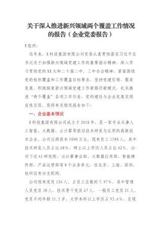 关于深入推进新兴领域两个覆盖工作情况的报告（企业党委报告）