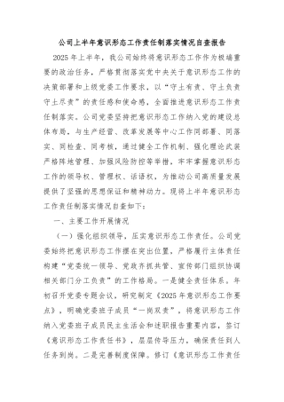 公司上半年意识形态工作责任制落实情况自查报告