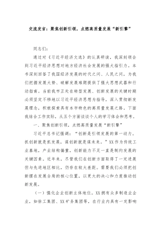交流发言：聚焦创新引领，点燃高质量发展“新引擎”
