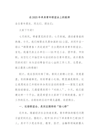 在2025年单身青年联谊会上的致辞
