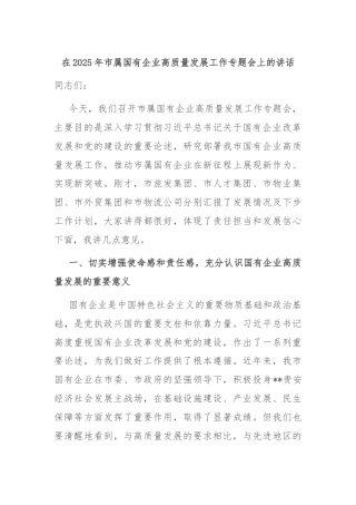 在2025年市属国有企业高质量发展工作专题会上的讲话