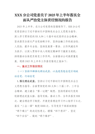 XXX分公司党委关于2025年上半年落实全面从严治党主体责任情况的报告