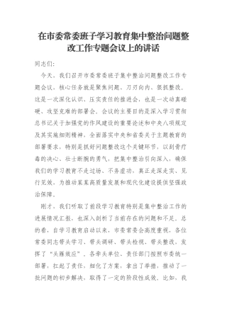 在市委常委班子学习教育集中整治问题整改工作专题会议上的讲话