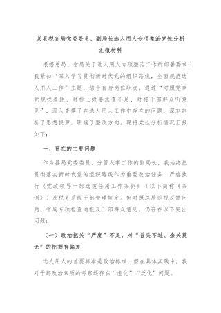 某县税务局党委委员、副局长选人用人专项整治党性分析汇报材料