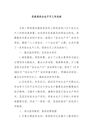 民政局安全生产月工作总结
