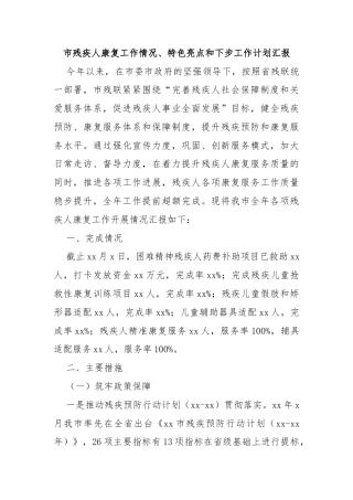 市残疾人康复工作情况、特色亮点和下步工作计划汇报