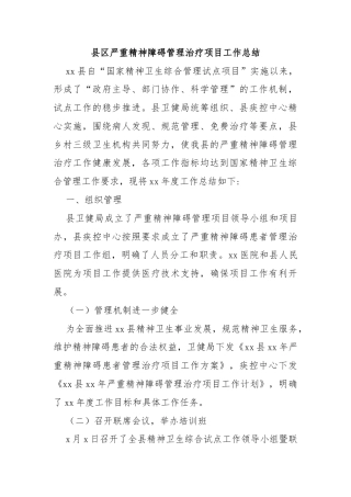 县区严重精神障碍管理治疗项目工作总结