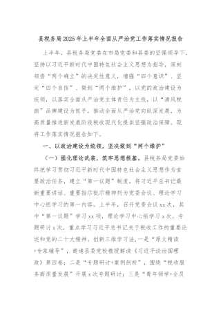 县税务局2025年上半年全面从严治党工作落实情况报告