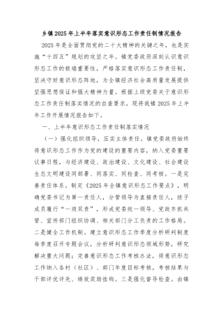 乡镇2025年上半年落实意识形态工作责任制情况报告