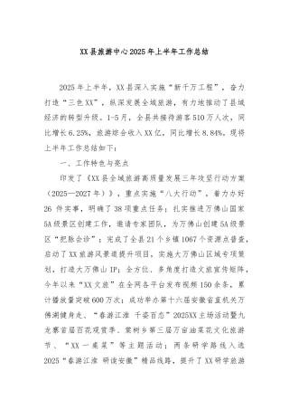 XX县旅游中心2025年上半年工作总结
