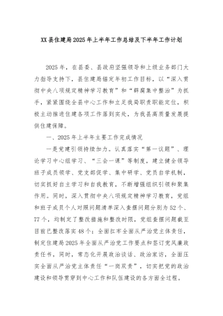 XX县住建局2025年上半年工作总结及下半年工作计划
