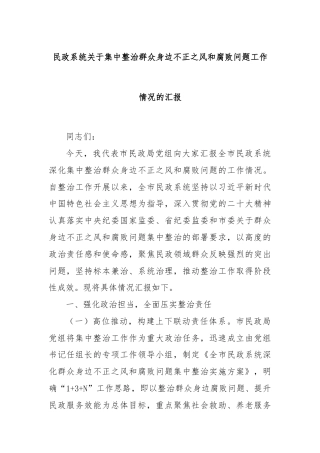 民政系统关于集中整治群众身边不正之风和腐败问题工作情况的汇报