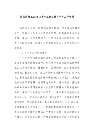 区民政局2025年上半年工作总结下半年工作计划