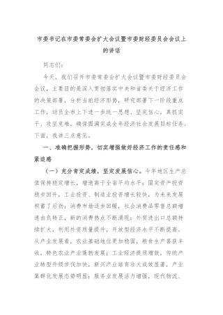 市委书记在市委常委会扩大会议暨市委财经委员会会议上的讲话