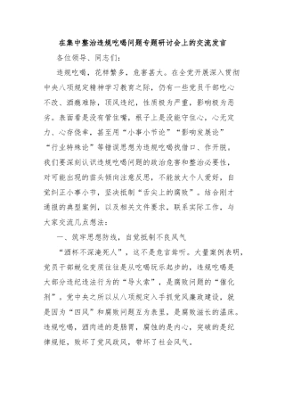 在集中整治违规吃喝问题专题研讨会上的交流发言