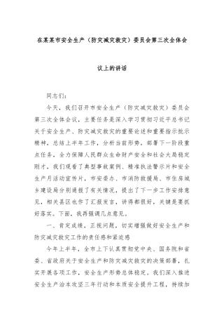 在某某市安全生产（防灾减灾救灾）委员会第三次全体会议上的讲话