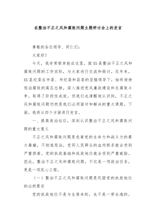 在整治不正之风和腐败问题主题研讨会上的发言