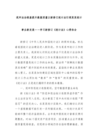 筑牢法治根基提升数据质量以新修订统计法引领某某统计事业新发展－－学习新修订《统计法》心得体会