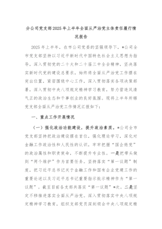 分公司党支部2025年上半年全面从严治党主体责任履行情况报告