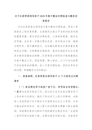 关于区委常委领导班子2025年集中整治对照检查与整改实效报告