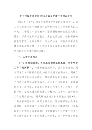 关于市国资委党委2025年基层党建工作情况汇报