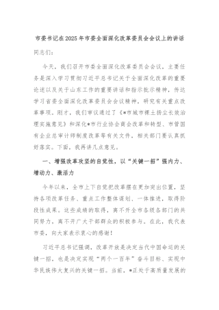 市委书记在2025年市委全面深化改革委员会会议上的讲话