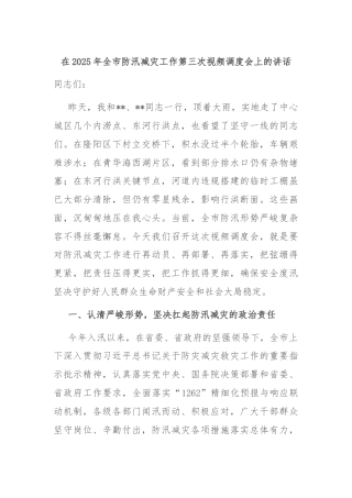 在2025年全市防汛减灾工作第三次视频调度会上的讲话