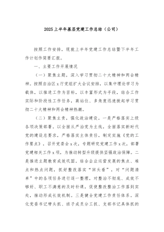 2025 上半年基层党建工作总结（公司）