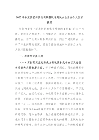 2025年乡党委宣传委员巡察整改专题民主生活会个人发言提纲