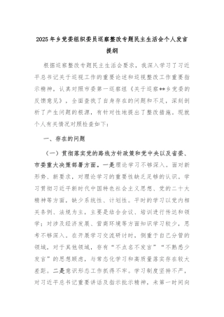 2025年乡党委组织委员巡察整改专题民主生活会个人发言提纲